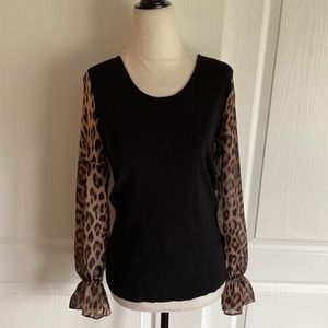 INC black scoop neck sweater with sheer leopard print sleeves